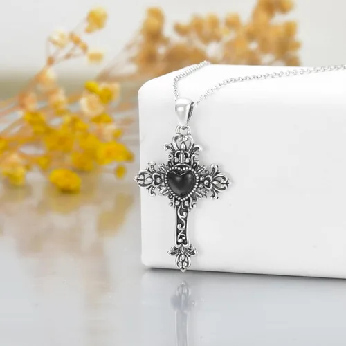 Vista 3 de Vintage Black Onyx Necklace 925 Sterling Silver Retro Oxidized ButterflyCross Pendant Necklace, Gothic Black Jewelry Gifts for Women