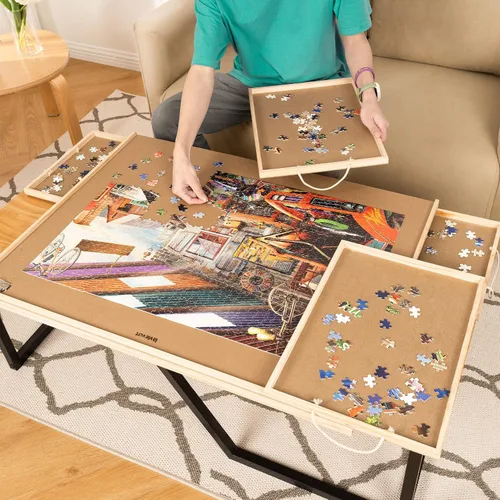 Vista 7 de Lavievert Mesa de rompecabezas de 1500 piezas con 4 cajones y cubierta, meseta de rompecabezas de madera con juego de alfombrilla de rompecabezas