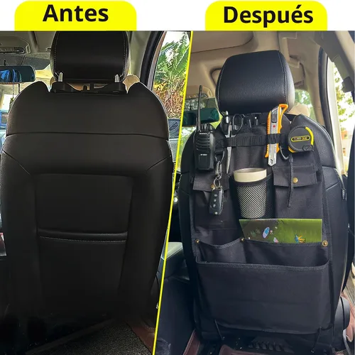 Vista 6 de Organizador de respaldo de asiento de coche negro con múltiples bolsillos y ganchos