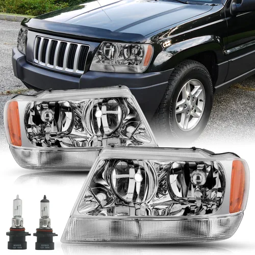 Vista 10 de SOCKIR Conjunto de faros delanteros compatible con Jeep Grand Cherokee 1999-2004 halógeno (carcasa negra, parte inferior ámbar, con bombillas)