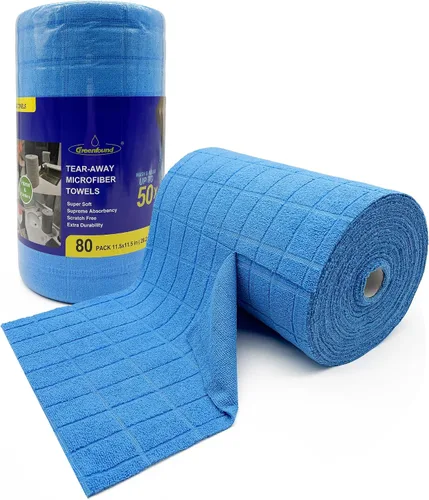 Vista 13 de Greenfound Rollo de Paños de Limpieza de Microfibra - Paquete de 80, 11.5x11.5, Toallas Desgarrables, Trapos Reutilizables y Lavables, Azul