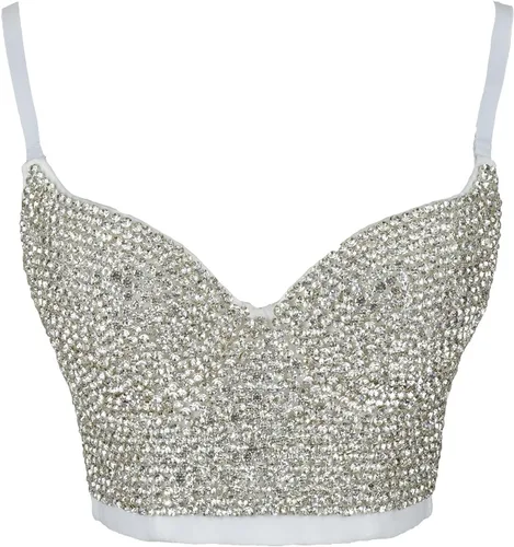 Vista 8 de ELLACCI Corsé de diamantes de imitación con strass de mujer, top corto con bustier y push up, sexy, punk, blanco