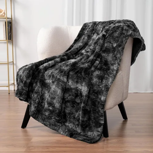 Vista 2 de PAVILIA - Manta de piel sintética reversible con diseño tie-dye color negro, suave, mullida y cálida, mantas y cobijas de sherpa para cama, manta