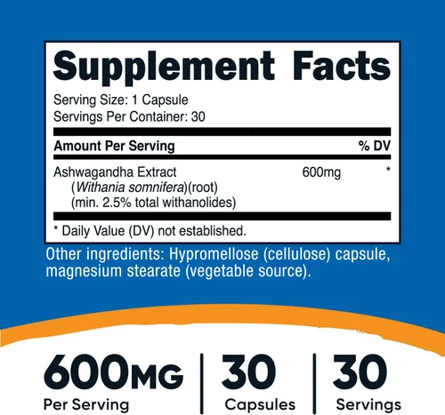 Vista 2 de Nutricost Extracto de Raíz de Ashwagandha Suplemento Herbal 600mg, 30 Cápsulas - Vegetariano, Sin OGM, Sin Gluten