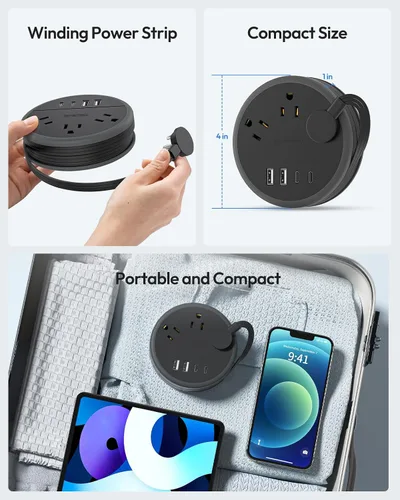 Vista 4 de NTONPOWER - Cable de extensión de enchufe plano, regleta de alimentación de viaje con 2 USB C y 3 tomas 4 puertos USB, cable de extensión plano de 4