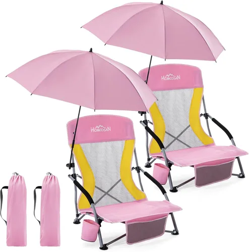Vista 18 de Homcosan Silla de playa portátil baja plegable con paraguas desmontable, silla de campamento ligera para adultos con portavasos y bolsillo