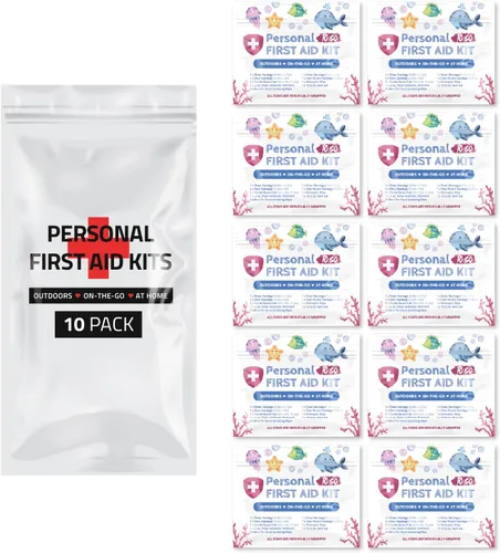 Vista 10 de Kit médico de emergencia de primeros auxilios mini y tamaño de viaje, paquete de 10 Ideal para niños, escuelas, negocios, senderismo, camping
