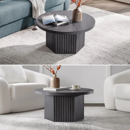 Vista 8 de SICOTAS Mesa de centro redonda para sala de estar, mesa de centro acanalada moderna de mediados de siglo con almacenamiento, mesa de comedor de té