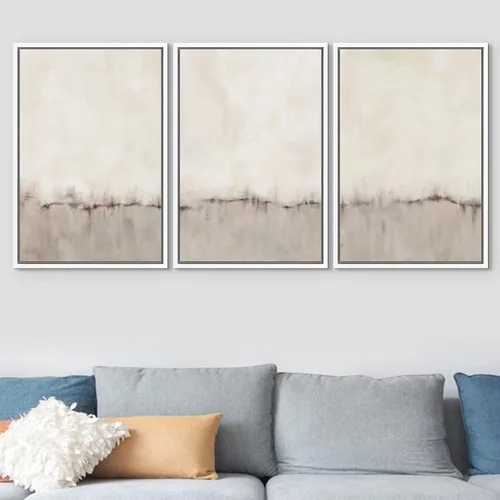 Vista 220 de SIGNFORD - Set de obras de arte en lienzo enmarcado para pared, ilustraciones abstractas de neblina del desierto en tonos neutros beige y marrón