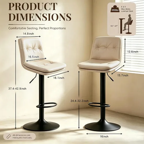 Vista 2 de Bar Stools Set of 2 Swivel Adjustable Bar Chairs Counter Height 360° Swivel Leather Bar Chairs with Padded Seat, Backrest & Footrest for Kitchen