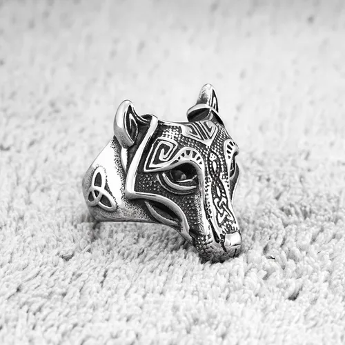 Vista 2 de Anillo de cabeza de lobo vikingo vikingo de acero inoxidable, nudo celta, amuleto pagano nórdico para hombres y mujeres