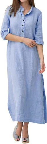 Vista 51 de Vestido de manga larga para mujer, casual, de algodón, lino, con botones, maxivestidos tipo caftán, blanco y azul