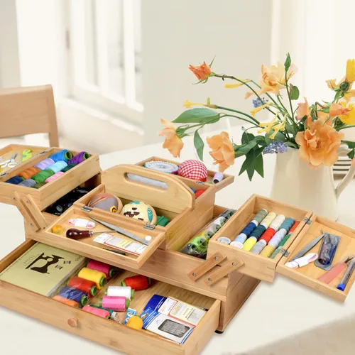 Vista 5 de Caja Organizadora de Costura de Madera para Suministros de Costura, Caja de Almacenamiento para Pasatiempos de Costura y Manualidades, 3 Niveles