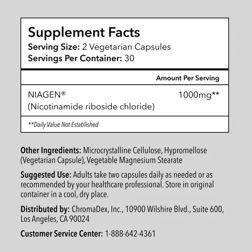 Vista 6 de TRU NIAGEN - Suplemento patentado NAD+ Ribosida de nicotinamida (NR) 30-1000 mg porciones (2 x 500 mg, toma 2 diarios)