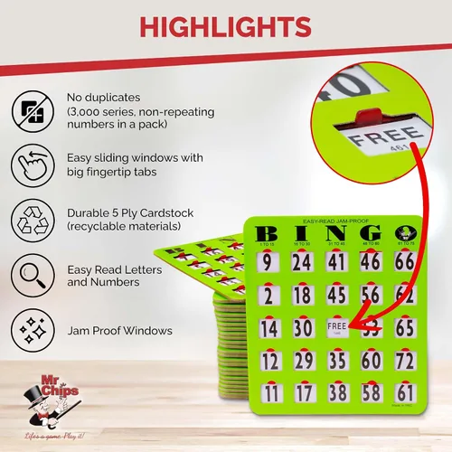 Vista 3 de MR CHIPS Tarjetas de bingo a prueba de atascos con ventanas deslizantes, 25 tarjetas obturadoras reutilizables, 75 llamadas, 1 tablero maestro más
