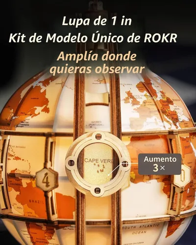 Vista 5 de ROKR Rompecabezas de madera 3D para adultos, rompecabezas de globo de madera con iluminación LED, kits de construcción de modelos, decoración