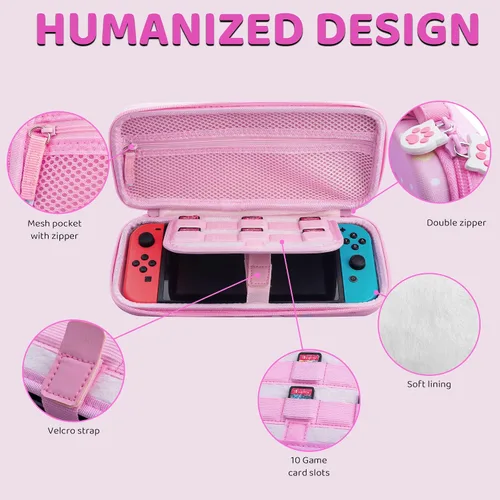 Vista 3 de FUNDIARY Pink Carrying Case for Nintendo Switch and Switch OLED, Cute Carry Case for Switch and Switch OLED Console, Shockproof Hard Travel Case