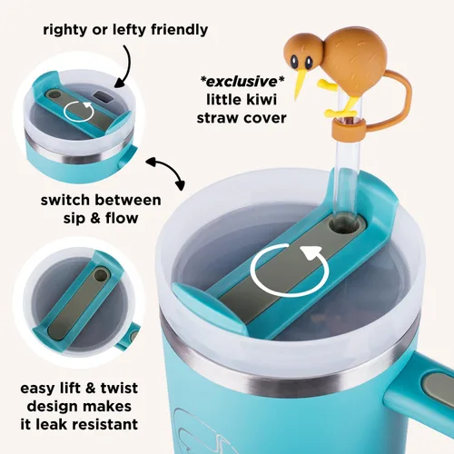Vista 4 de Vaso de 40 onzas con asa y pajita, incluye pajita de kiwi (flores)
