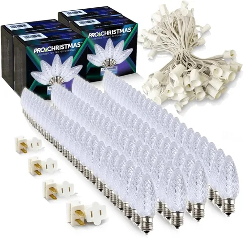 Vista 33 de Pro Christmas - Kit de luces C9 para exteriores, blanco cálido, cable verde, 50 bombillas, 50 pies