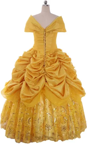 Vista 5 de Belle - Vestido de baile dorado para mujer, disfraz de princesa para adulto, Amarillo