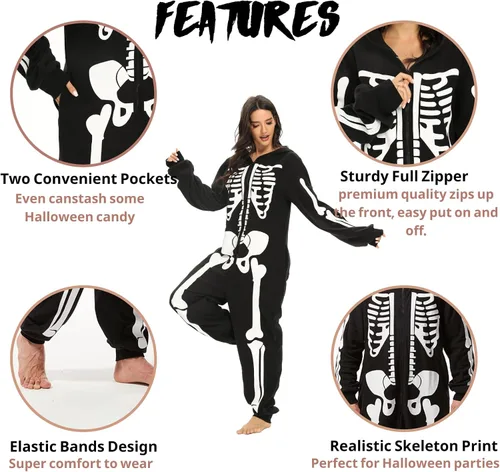 Vista 4 de Kofero Disfraz de esqueleto para mujer, disfraz de Halloween para adultos, talla grande, cómodo, pijama mameluco para niña, fiesta de cosplay