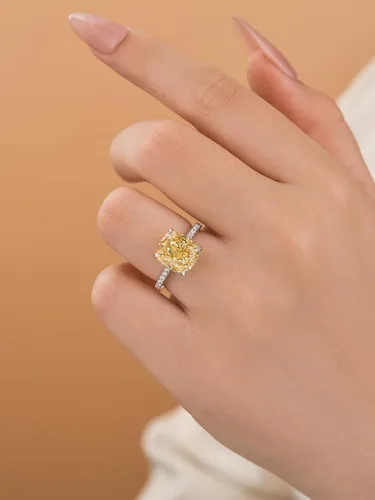 Vista 26 de Anillo de compromiso de corte cojín de 4 quilates para mujer, piedra blanca/amarilla grado 5A, circonita cúbica S925, plata, amarillo/blanco/oro rosa
