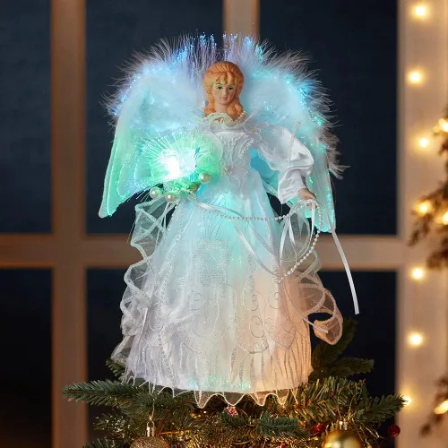 Vista 2 de Kurt Adler - Árbol de ángel de fibra óptica LED blanco cálido y plateado