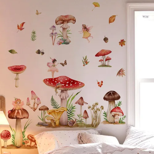 Vista 5 de Runtoo Calcomanías de pared de hongos de hadas, diseño de mariposa, elfo, decoración del hogar para dormitorio de niñas, niños, guardería Casa