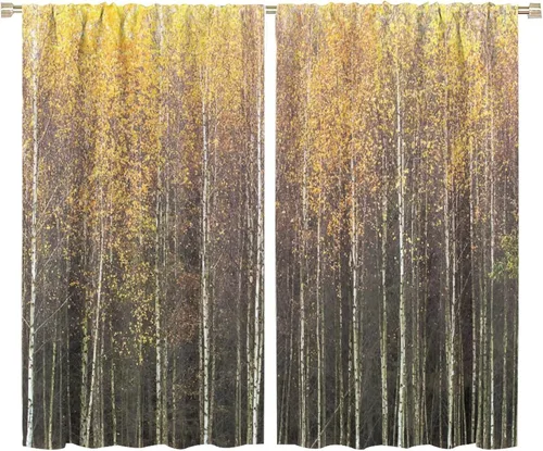 Vista 64 de Cortinas de abedul para sala de estar, niebla matutina en otoño, decoración del hogar, 42 x 45 pulgadas de largo