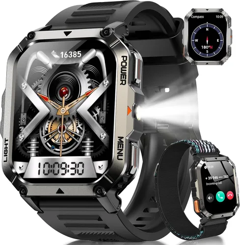 Vista 10 de Relojes inteligentes militares para hombres, reloj inteligente para Android iPhone con gran pantalla HD de 2.01 pulgadas, linterna, batería de 100