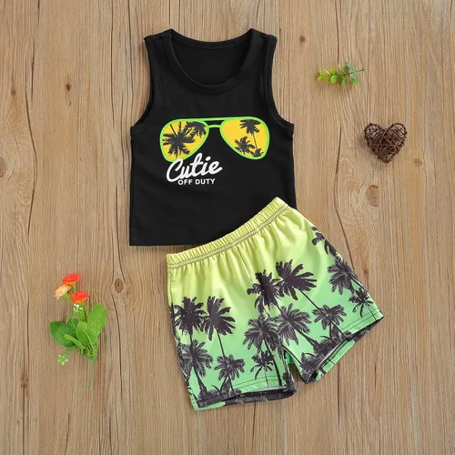 Vista 2 de Conjunto de pantalones cortos para niños pequeños, camiseta estampada junto al mar, 2 piezas, ropa de verano