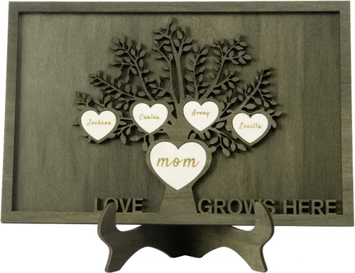Vista 39 de Árbol genealógico con etiqueta de corazón, placas de madera grabadas personalizadas, regalos personalizados para madres, padres, escritorio, nombres