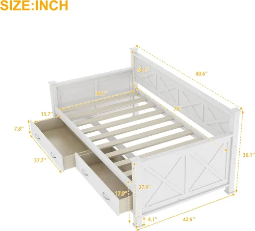 Vista 2 de Bellemave Marco de sofá cama individual con cajones de almacenamiento, plataforma de madera, sofá cama capitán para niños, dormitorio, sala de estar