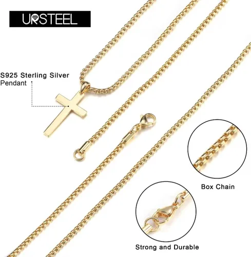 Vista 5 de Ursteel 925 Sterling Silver Cross Pendant Cross Necklace for Men, Mens Cross Necklace 18K Gold Black Silver Chain Necklace for Men Women Girls 16 18