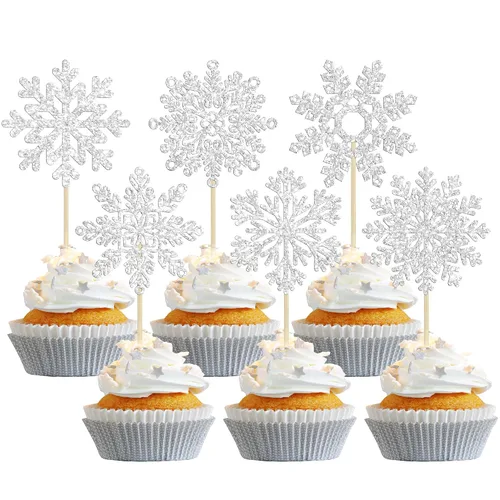 Vista 15 de Gyufise 24 piezas de copos de nieve Oh Baby Cupcake Toppers Glitter Winter Frozen Baby Shower Cupcake Picks para invierno, país de las maravillas