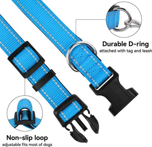 Vista 5 de Collar reflectante para perro, collar de neopreno suave de nailon acolchado para mascotas con hebilla de liberación rápida, diseño sin