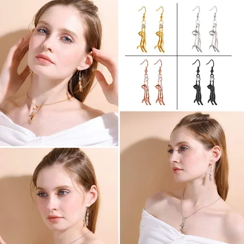 Vista 2 de Aretes U7 bañados en platino, con dije de gato y diamantes de imitación