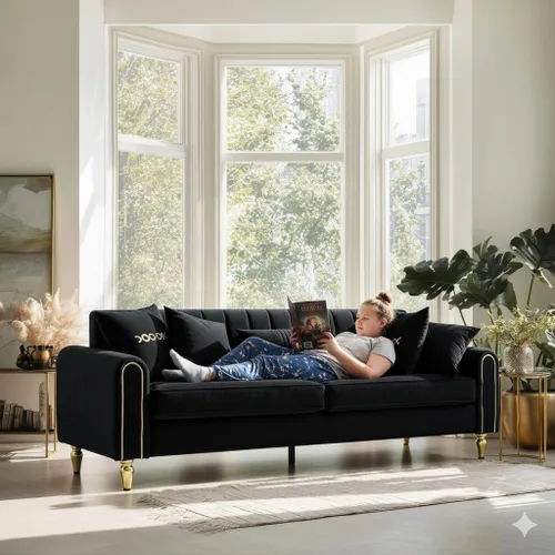 Vista 13 de Sofá de terciopelo de 87.5 pulgadas, sofá de 3 plazas para sala de estar, cómodo y moderno, con 9 almohadas suaves y patas de metal, decoración