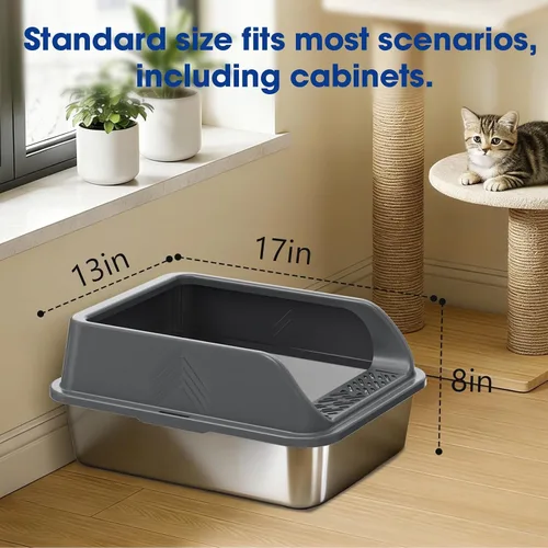 Vista 6 de Pequeña caja de arena de acero inoxidable con tapa para gatitos, cajas de arena de metal para gatos con laterales altos cerradas para gatos