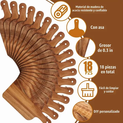 Vista 3 de Irenare Juego de 18 tablas de cortar lisas con asas, grabado láser, charcutería de madera, tabla de cortar para servir a granel para bricolaje