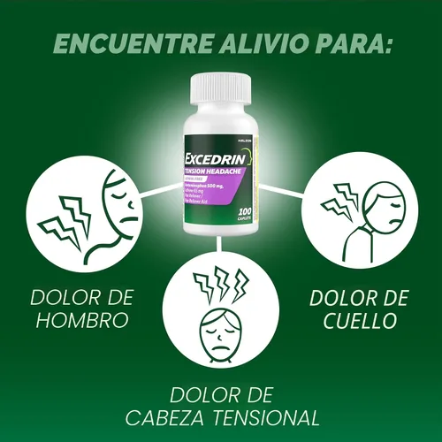 Vista 3 de Excedrin Cápsulas para Alivio del Dolor de Cabeza por Tensión, Acetaminofén 500mg, Cafeína 65mg, Analgésico, Sin Aspirina, 100