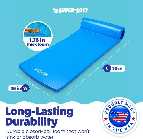 Vista 3 de TRC Recreation Sunsation 1.75" Thick Foam Pool Float Lounger w/ Headrest for Lounging & Sunbathing in Swimming Pools, Beaches & Lakes, 70" x 26 Azul