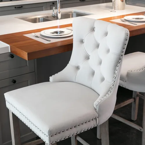 Vista 9 de Taburetes de bar tapizados de terciopelo modernos de 27 pulgadas con patas de madera, botón con cabeza de clavo cromada, taburetes de bar con Beige