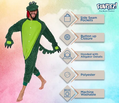 Vista 4 de Crocodile Alligator Adult Onesie - Dinosaur Halloween Costume - Animal One Piece Cosplay Suit for Women and Men by FUNZIEZ!