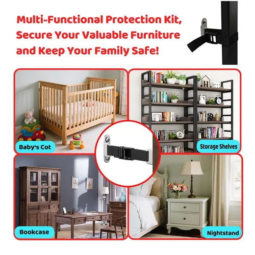 Vista 3 de Anclajes para muebles a prueba de bebés (2 juegos), anclajes de muebles antipunta, anclaje de pared para muebles, correas ajustables para muebles