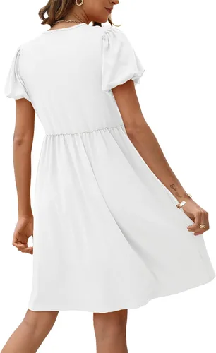 Vista 2 de AGSEEM Vestidos de verano para mujer, casual, con bolsillos, manga abombada, cuello en V