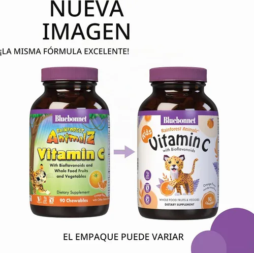 Vista 3 de Bluebonnet Nutrition Rainforest Animalz - Tabletas masticables de vitamina C con forma de animal, 250 mg de vitamina C, sin soja, sin gluten