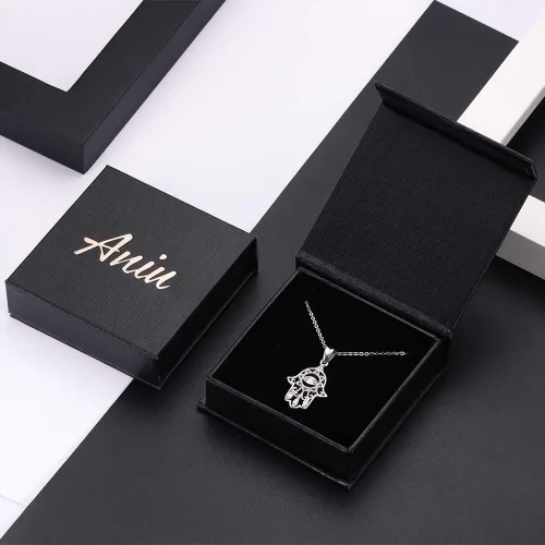 Vista 9 de Aniu Joyería de plata de ley 925 Hamsa de Fátima para mujer con circonita cúbica, viene con caja de regalo negra