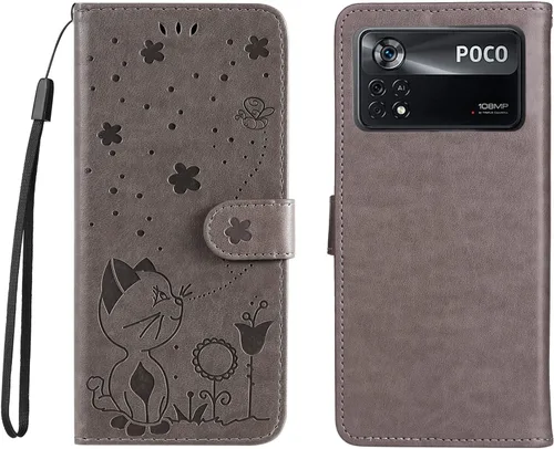 Vista 11 de Funda para Xiaomi Poco X4 Pro 5G, diseño de estampado de gatos y abejas, funda de cuero de primera calidad, cierre magnético