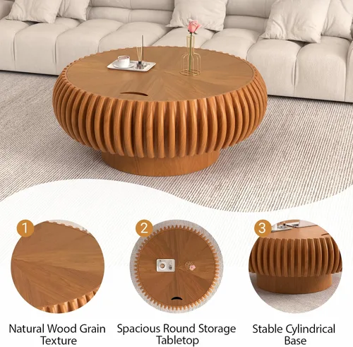 Vista 7 de Mesa auxiliar de tambor con almacenamiento oculto, moderna mesa de centro redonda para sala de estar, mesa central circular con chapa acanalada